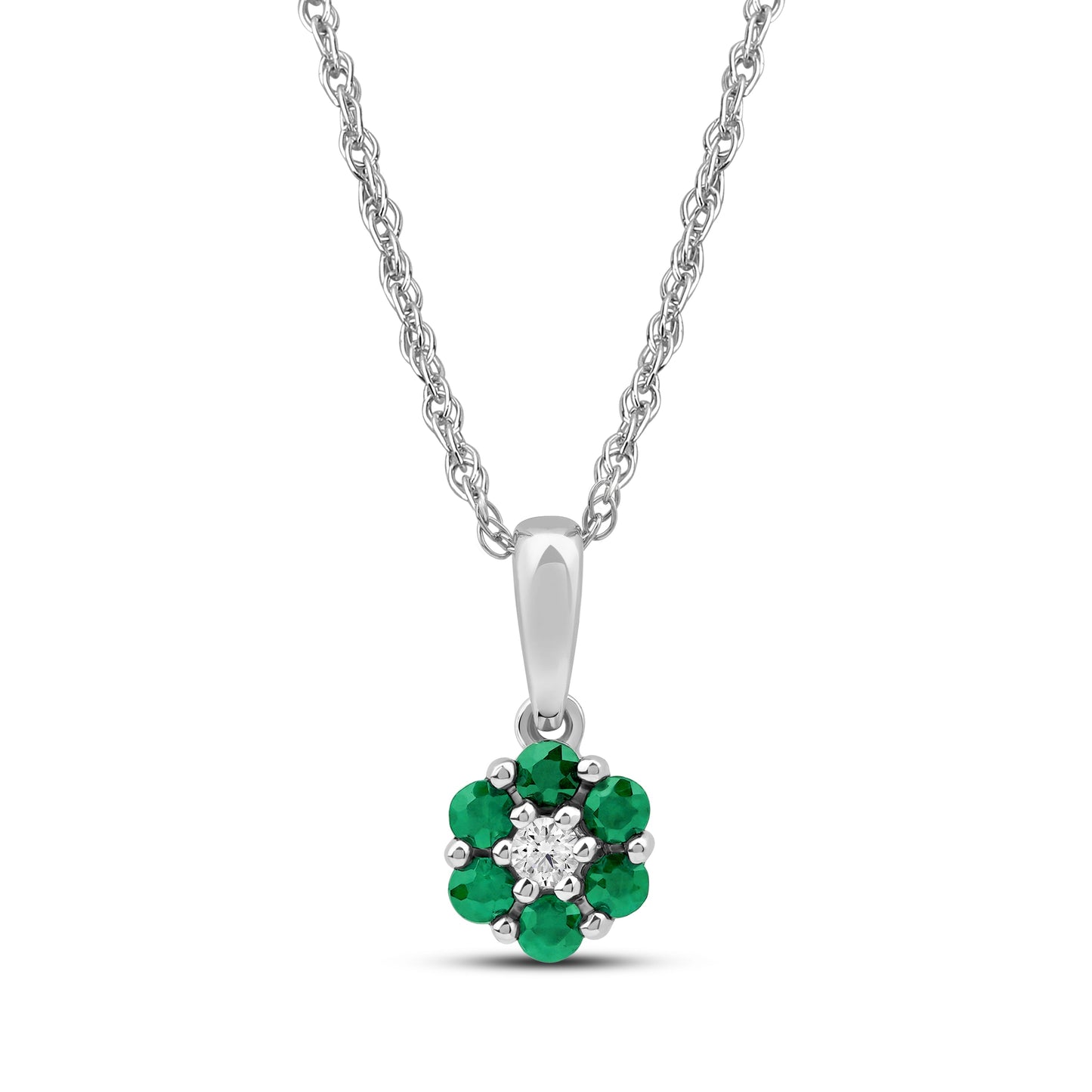 Diamanthalssmykke i hvitt og gult gull, 0.03ct TW/Si og 0.19ct smaragd