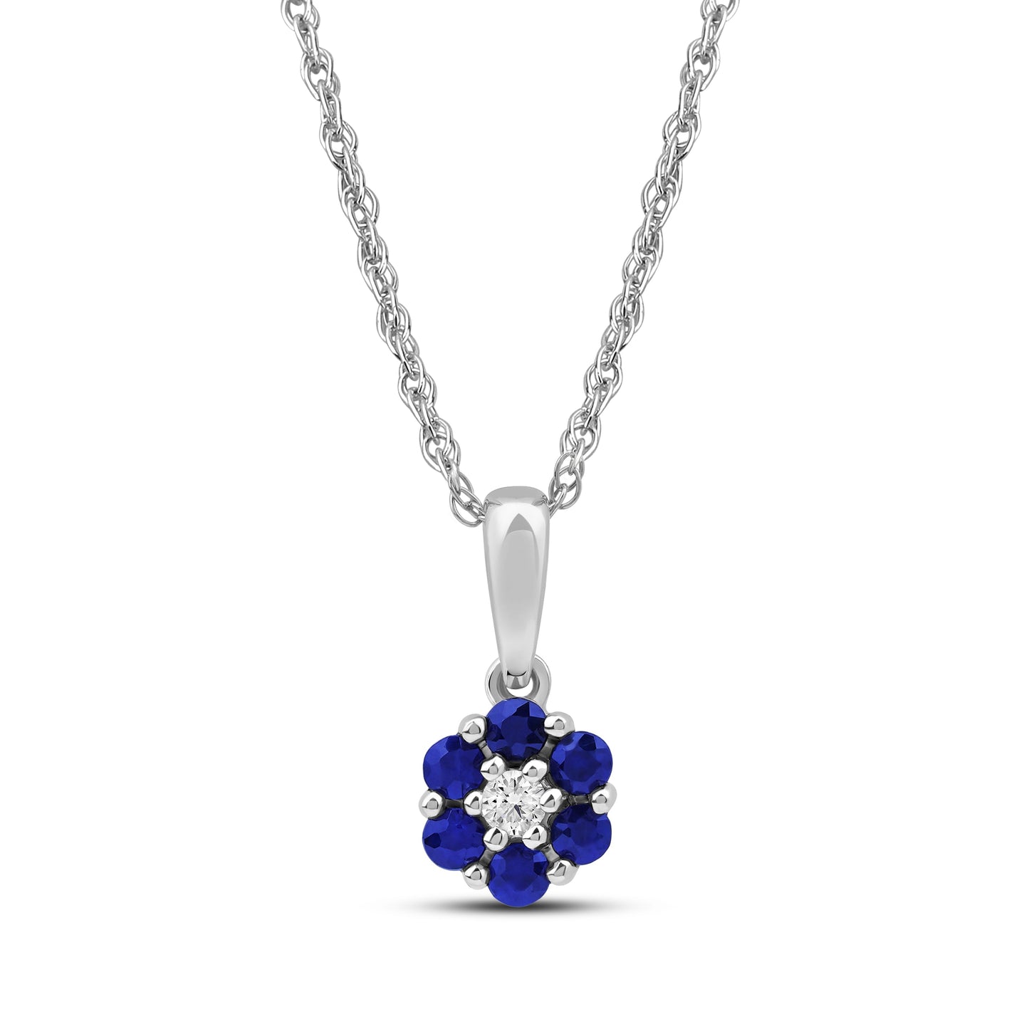 Diamanthalssmykke i hvitt og gult gull, 0.03ct TW/Si og 0.19ct safir