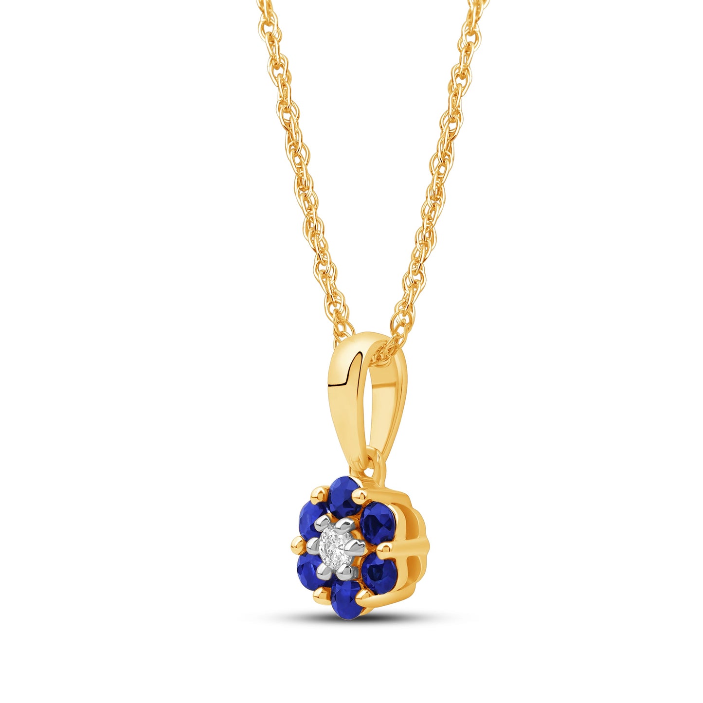 Diamanthalssmykke i hvitt og gult gull, 0.03ct TW/Si og 0.19ct safir