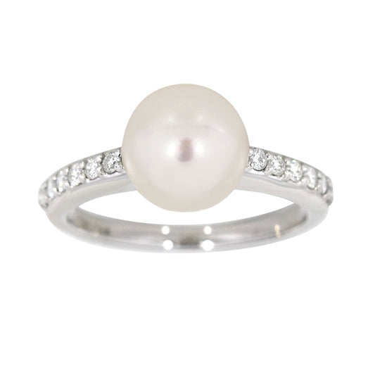 Diamantring i 14kt Hvitt Gull,, 0.25ct TW/SI Diamanter og 9mm Perle
