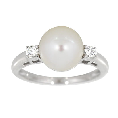 Diamantring i 14kt Gult/Hvitt Gull,, 0.10ct TW/SI Diamanter og 8-8,5mm Perle