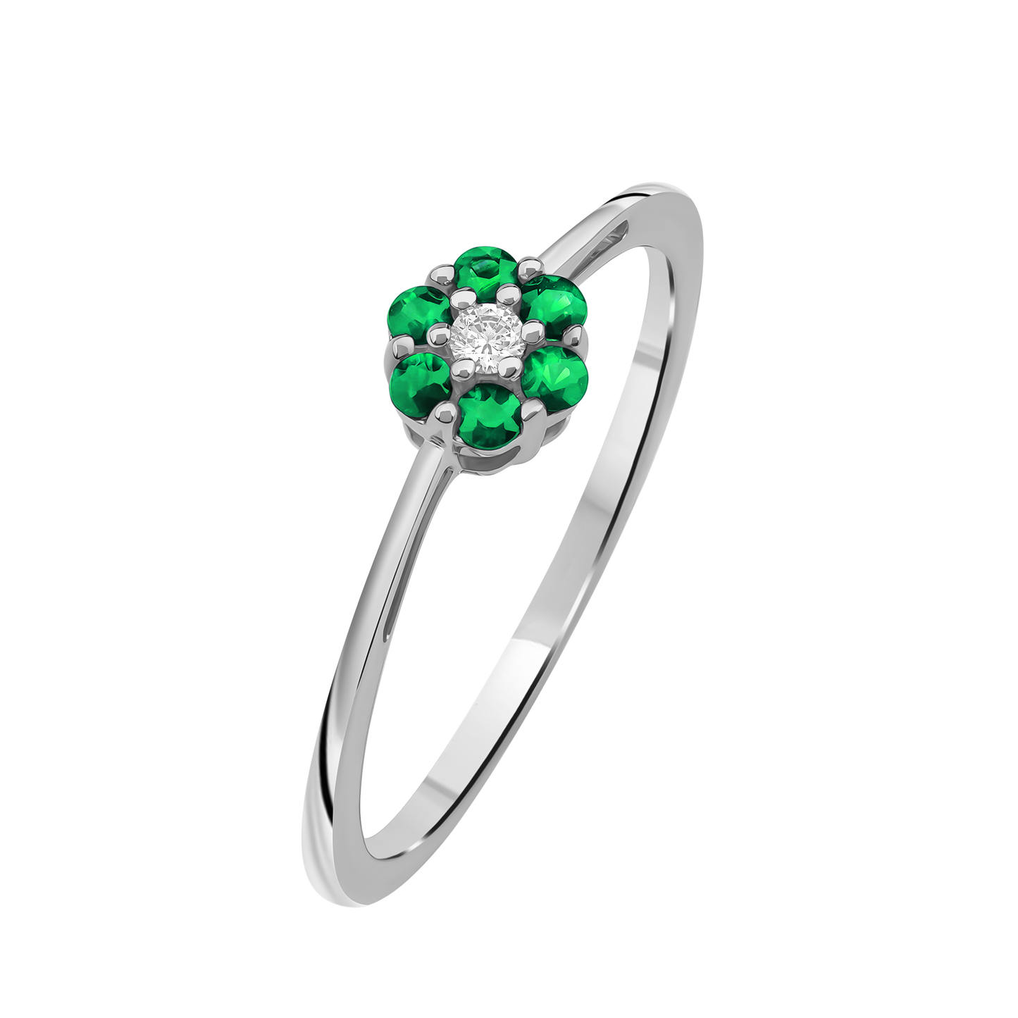 Diamantring i Hvitt/Gult Gull 0.03 tw/si og 0.18ct smaragd