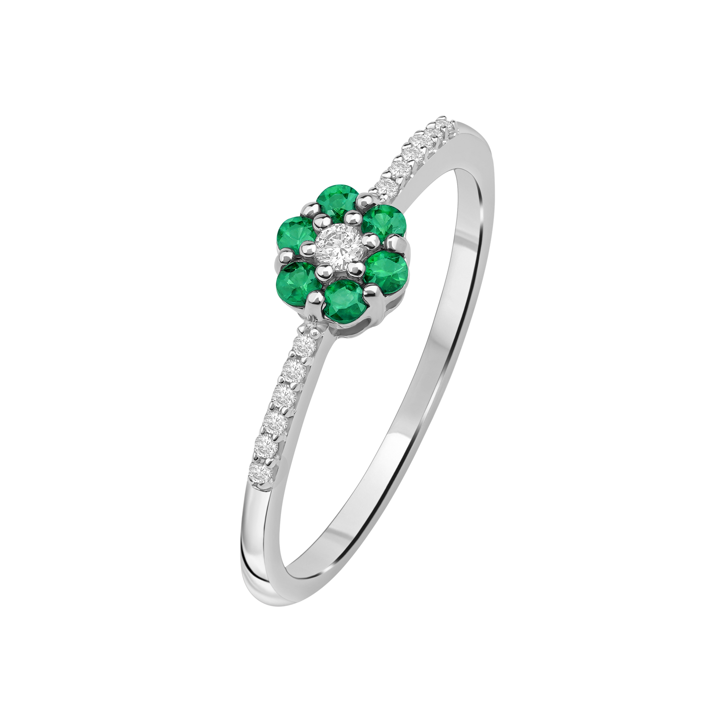 Diamantring i Hvitt/Gult Gull 0.07 tw/si og 0.19ct smaragd
