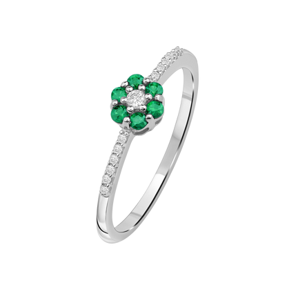 Diamantring i Hvitt/Gult Gull 0.07 tw/si og 0.19ct smaragd