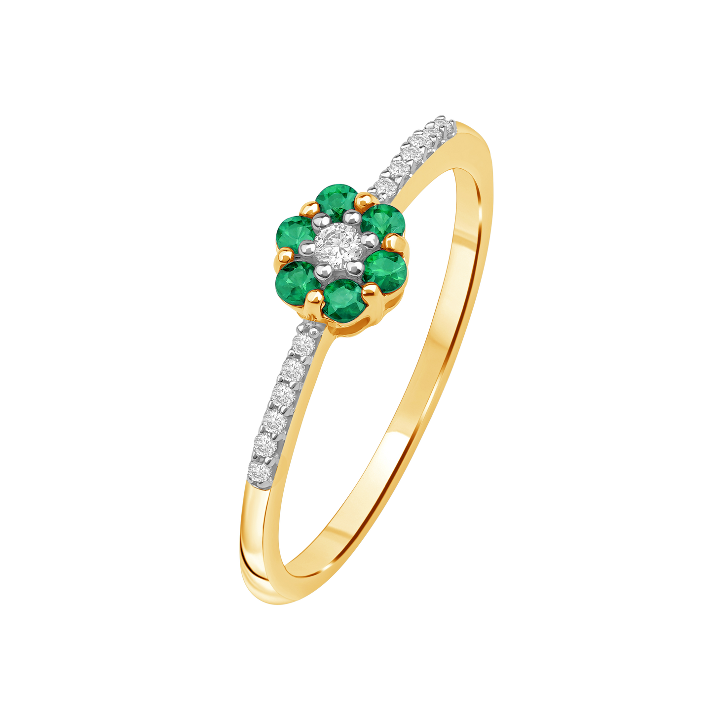 Diamantring i Hvitt/Gult Gull 0.07 tw/si og 0.19ct smaragd