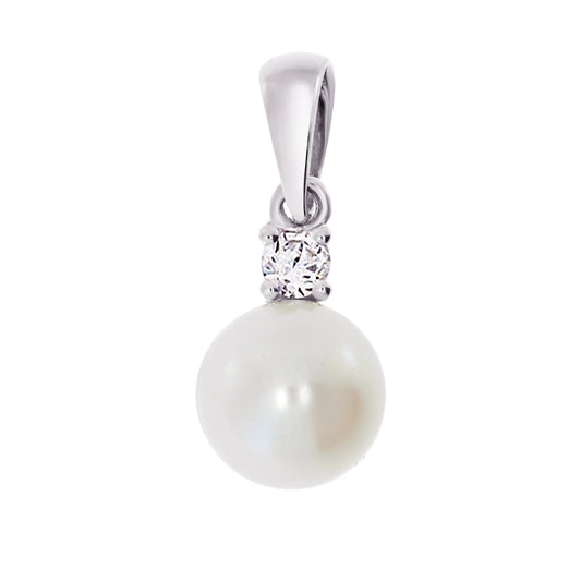 Halssmykke i 14kt Hvitt Gull (585), 0.08ct TW/SI Diamant og 6.5-7mm Perle