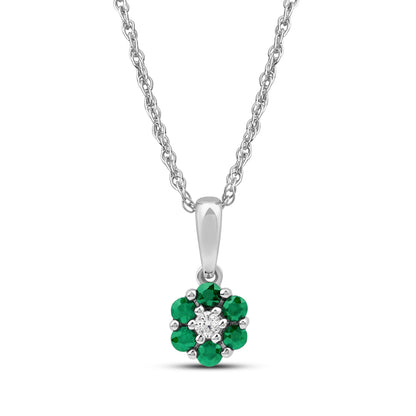 Diamanthalssmykke i hvitt og gult gull, 0.03ct TW/Si og 0.19ct smaragd