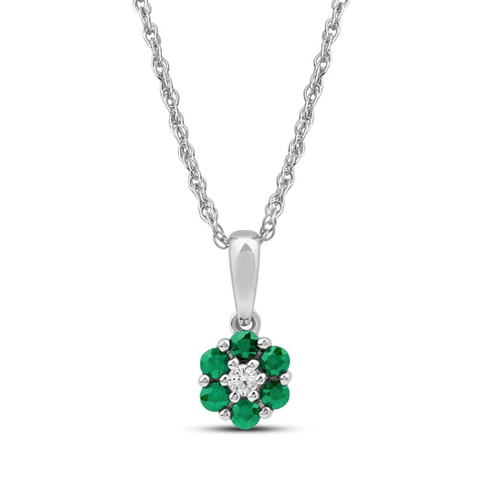 Diamanthalssmykke i hvitt og gult gull, 0.03ct TW/Si og 0.19ct smaragd