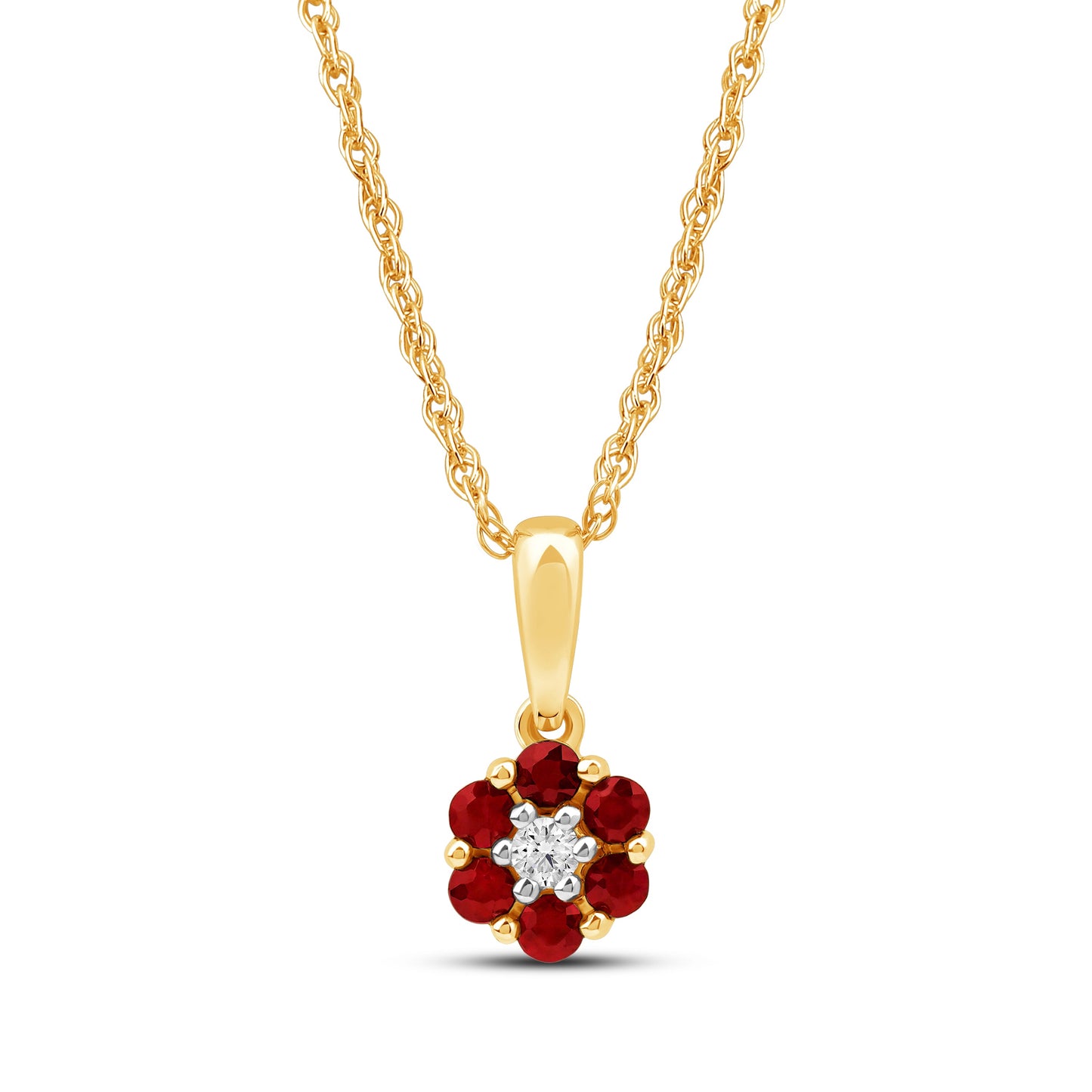 Diamanthalssmykke i hvitt og gult gull, 0.03ct TW/Si og 0.19ct rubin