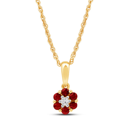 Diamanthalssmykke i hvitt og gult gull, 0.03ct TW/Si og 0.19ct rubin