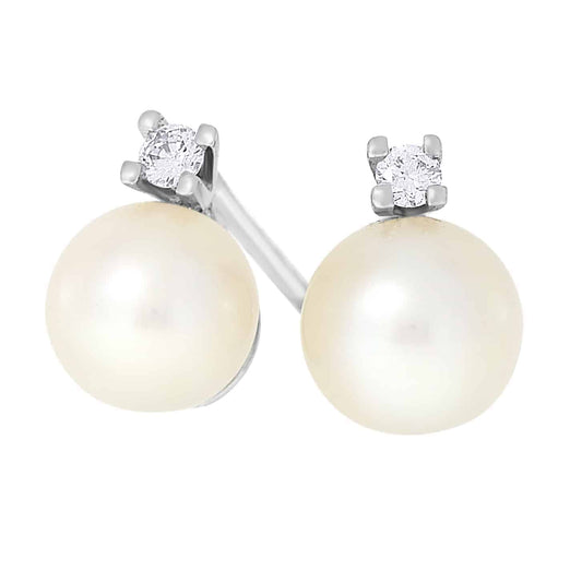 Perle øredobber med diamant i hvitt gull, 0.08CT TWSI